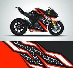 Racing motorcycle wrap decal and vinyl sticker design. Concept graphic abstract background for wrapping vehicles, motorsports, Sportbikes, motocross, supermoto and livery. Vector illustration.