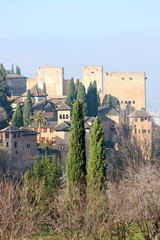 Obraz premium Cypress and fantastic scenery view of the world heritage landmark Alhambra walls and towers in the light of the morning sun