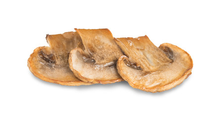 Roasted sliced champignons isolated on white background. Mushrooms. Top view.