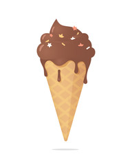 Melting chocolate Ice cream in a waffle cone with simple decoration on it. The vector illustration is isolated on a white background.
