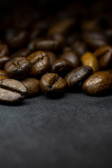 Coffee in beans on dark background. Abstract background texture.Coffee beans texture. Food background of coffee beans