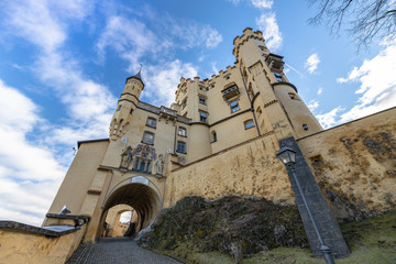 Close view of the Hohenschwangau Castle at the entrance on a sunny day in winter, Schwangau,...