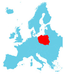 Blue map of Europe and Poland. Vector outline illustration.