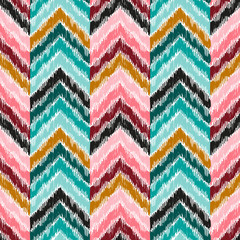 Herringbone Chevron Ikat Colorful Seamless Pattern. Hand Drawn Doodle Sketch Multicolor Stripes. Vector Zig zag Striped Abstract Background