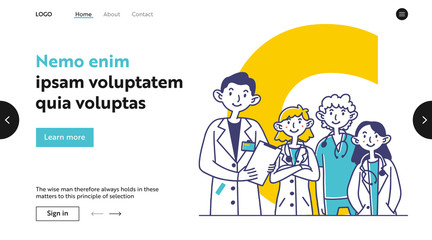 Obraz na płótnie Canvas Team of medical practitioners. Doctors in white coats and scrubs with stethoscopes flat vector illustration. Physicians, medicine, occupation concept for banner, website design or landing web page