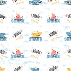 Papier Peint photo Vagues de la mer Motif enfantin sans couture de vecteur avec Doodle Cute King Shark et vagues de la mer. Fond coloré de mer d& 39 été de dessin animé pour les enfants