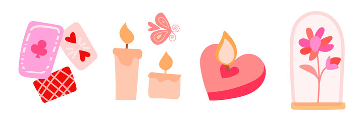 Vector set of stickers in the style of hand draw playing cards, candles and a red rose in a glass flask. Mystical set of divination by love.