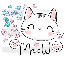 Kitten, cute cat and flowers sketch vector illustration, design print on t-shirt. Hand Drawn Vector Illustration.