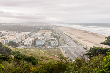 The view of Ocean Beach and The Great Highway from Sutro Heights Park in San Francisco, California,...