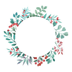 watercolor wreath of green twigs and red berries