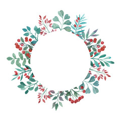 watercolor wreath of green twigs and red berries