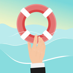 Preserver rescue businessman with lifebuoy. Drowning man in water gets a life buoy. Helping business to survive vector illustration.