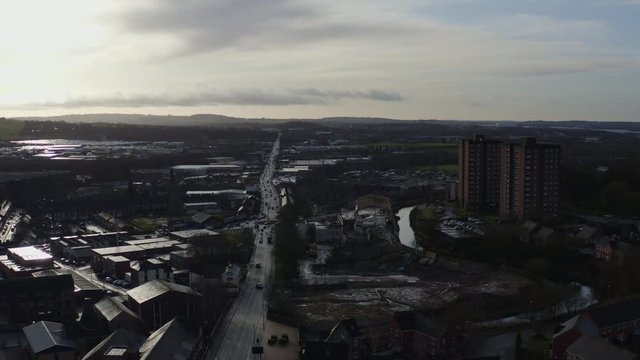 Aerial overhead views of Victoria road in Stoke on Trent, Vicky road, a poor area leading to the city centre of Hanley, always busy with traffic due to over population and poor city planning, traffic