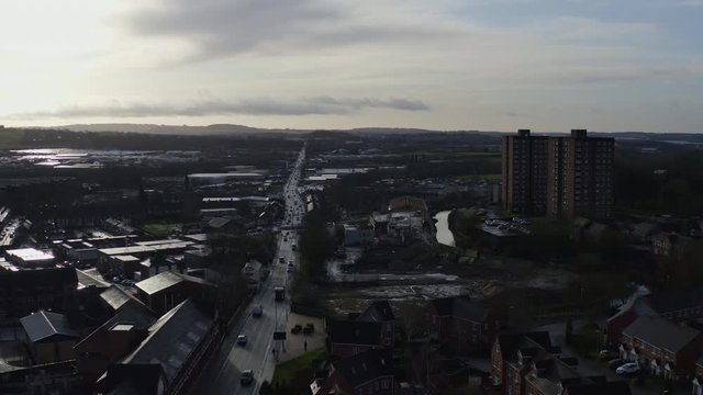 Aerial overhead views of Victoria road in Stoke on Trent, Vicky road, a poor area leading to the city centre of Hanley, always busy with traffic due to over population and poor city planning, traffic