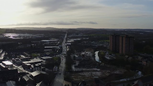 Aerial overhead views of Victoria road in Stoke on Trent, Vicky road, a poor area leading to the city centre of Hanley, always busy with traffic due to over population and poor city planning, traffic