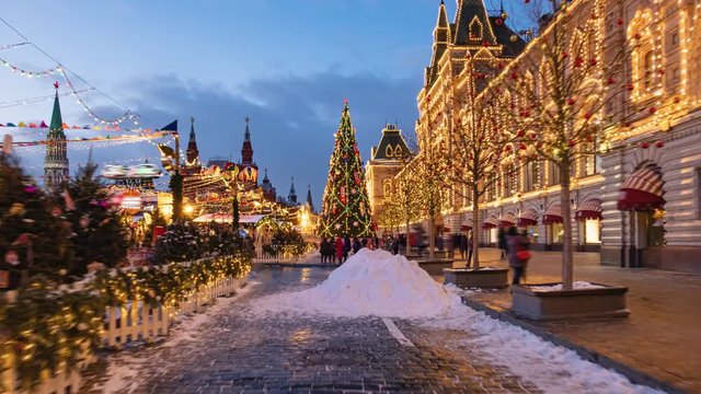 POV evening walking hyper lapse along New Year winter decorated Red Square, Moscow, Russia