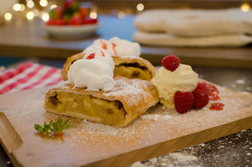Ready to eat apple cake with cream - Stock image