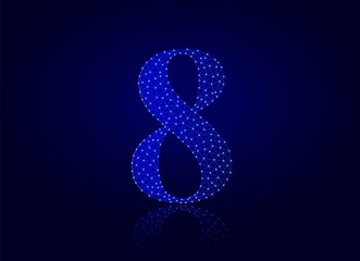 Number eight triangular low poly style. Vector illustration perfect for March 8, anniversary, celebrations. Wireframe mesh polygonal figure 8 made from points and lines on a dark blue.