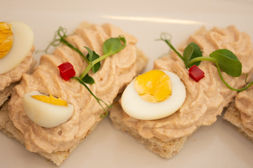 Organic bread with patty cream and boiled eggs