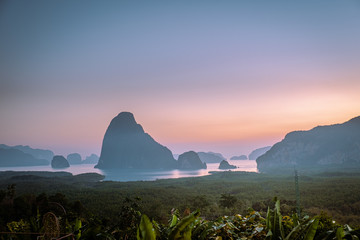 Phangnga Bay Thailand, sunrise Phuket, Morning view point of Samet Nang She in Phangnga bay,...