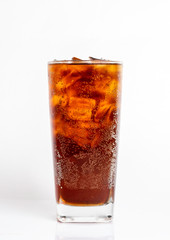 Cola Fizz And ice in a glass on a white background.