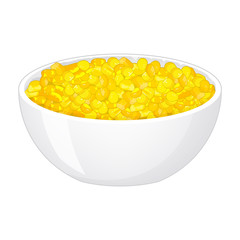 yellow corn in deep porcelain plate on white background. Realistic style. Vector illustration. Isolated on white. Object for packaging, advertisements, menu.