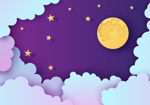 Night sky in paper cut style. Cut out 3d background with violet and blue gradient cloudy landscape with stars and full moon papercut art. Cute origami clouds. Vector card for wish good night dreams.