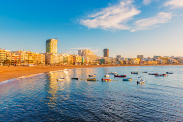 City Beach of Las Palmas, capital of Gran Canaria, Canary Islands, Spain, captured around sunset....