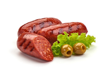 Grilled Spanish chorizo sausages, isolated on white background - obrazy, fototapety, plakaty