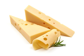 Emmental cheese triangle, isolated on white background