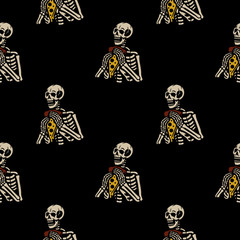 Cotton fabric Color skeleton with pizza seamless pattern