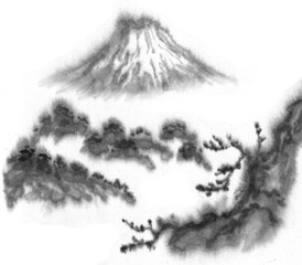 Black and white image. Ink Chinese mountain landscape. Mountains in the fog. Trees on the mountain. Ink image. Pines. Hill, mountain, peak, volcano