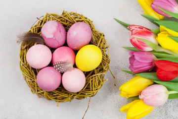 Easter greeting card with eggs and tulips