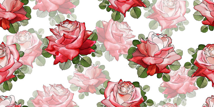 Beautiful seamless floral pattern with flowers red rose and green leaves on white background. Hand drawn. For textile, wallpapers, print, greeting. Watercolor style. Vector stock illustration.