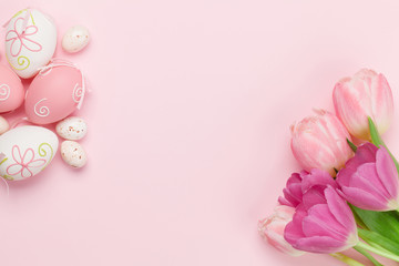 Easter greeting card with eggs and tulips