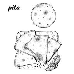 Pita hand drawn illustration. Greek cuisine. Linear graphic. Food sketch.