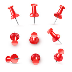 Realistic vector plastic glossy red push pin 3D vector icon on white background.