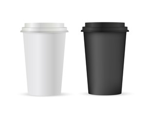 Close up take-out coffee with brown cap and cup holder. Isolated on white background. Vector Illustration