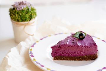  slice of cake with cream and fruits. Black currant cake. Food photo on a white background. High key. Berries and flowers. Raw desserts.