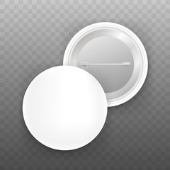 Pin badges. White round blank button. Souvenir magnet badging mockup. Vector stock illustration.