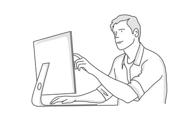 Man pointing at computer. Line drawing vector illustration.