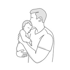 Father holding son in his arms. Tenderness concept. Line drawing vector illustration.