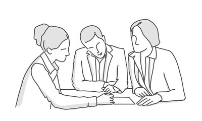 Two woman and man discussing work. Line drawing vector illustration.