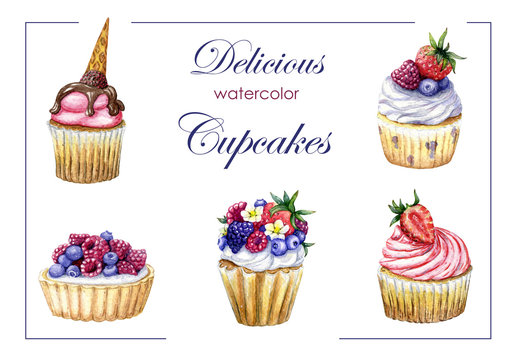 An awesome set of cute watercolor cupcakes with whipped cream, butter cream and souffle decorated with chocolate, raspberries, strawberries, blueberries and flowers isolated on a white background