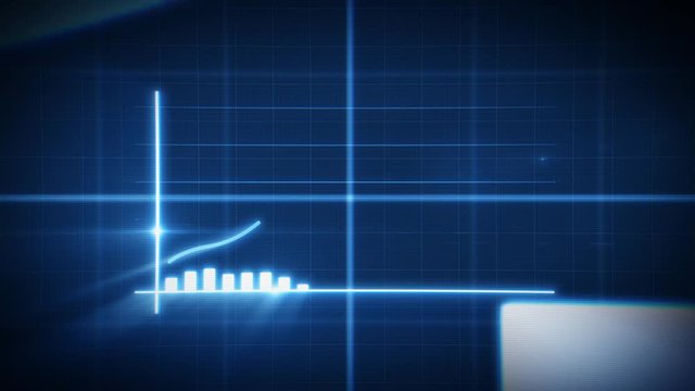 Business Growth And Success Arrow Infographics/ 4k animation of a business infographics with rising arrow and bar stats appearing, symbolizing growth and success, with glitch and noise digital effects
