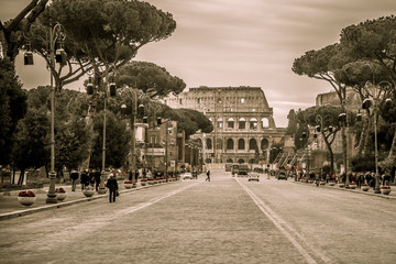 View of Via dei Fori Imperiali and Colosseum. Rome, Italy.