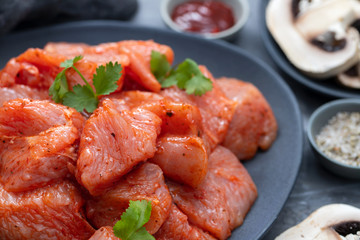 raw meat with spices on dark dish on ceramic background