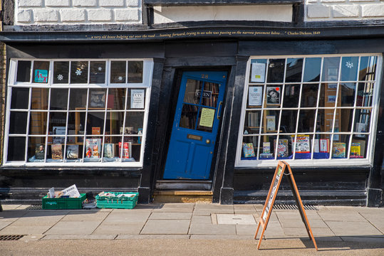 Bookshop with Slanted Door in Canterbury, Kent, UK