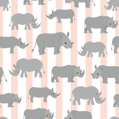 Seamless pattern vector of cute rhino on a peach striped background..