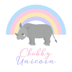 Vector illustration of  a rhino and a rainbow. Chubby unicorn design concept.